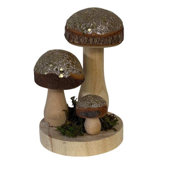 Retro Style Mushroom Figurine Set Golden Glitter Cap Fairy Garden Wood Resin - Picture 5 of 14